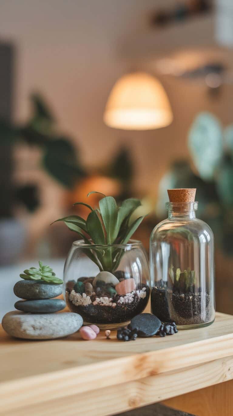 A small glass terrarium with a green plant sits next to a larger glass bottle with a cork lid, both on a wooden surface. There are decorative stones, including stacked smooth rocks with a small succulent on top, placed beside the terrariums. The background is softly blurred, showing a cozy interior with warm lighting.