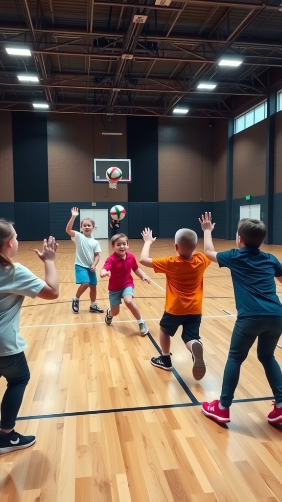 Children playing dodgeball in a gym, with one child in motion to dodge a ball.
