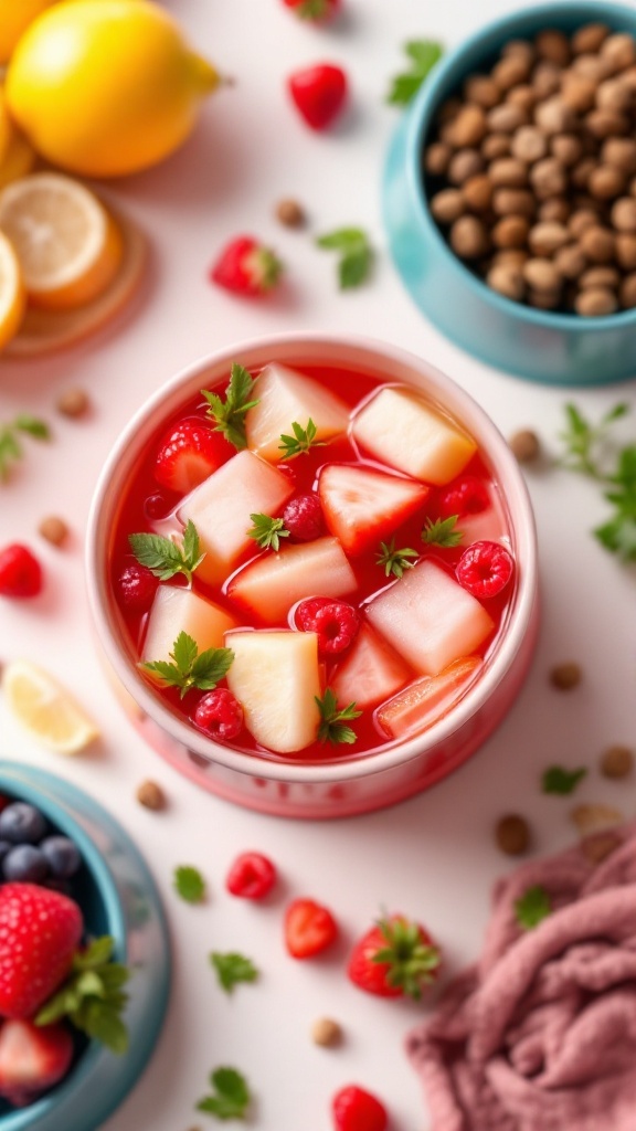 A vibrant bowl of fruit punch with pieces of watermelon, strawberries, and garnished with green leaves, surrounded by fresh fruits and a bowl of dog treats.