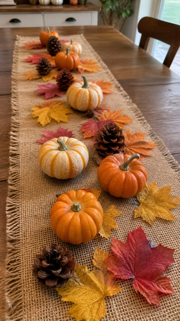 Burlap Table Runner With Fall Leaves