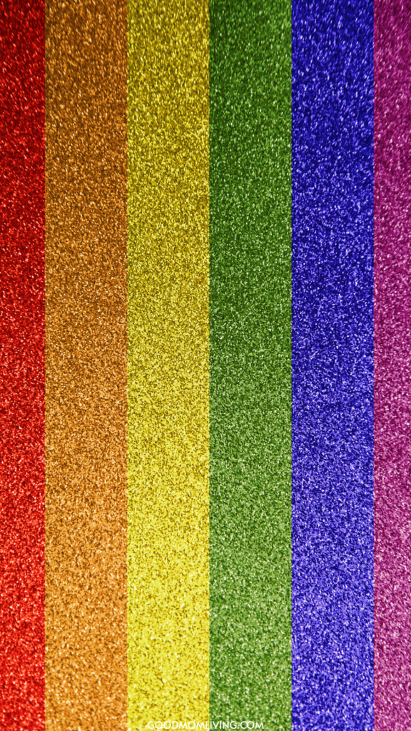 Vertical stripes of glitter in red, orange, yellow, green, blue, and purple.