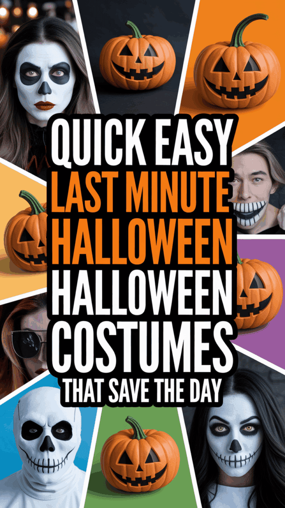 A collage of Halloween-themed images featuring people in face paint resembling skulls or skeletons, and jack-o'-lanterns, with bold text reading: 'Quick Easy Last Minute Halloween Costumes That Save the Day.'
