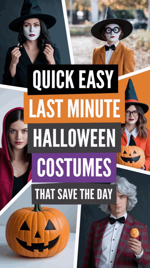 Collage of people in Halloween costumes, including a witch with face paint, a person with a pumpkin, and others in quirky outfits, with the text 'Quick Easy Last Minute Halloween Costumes That Save the Day.'
