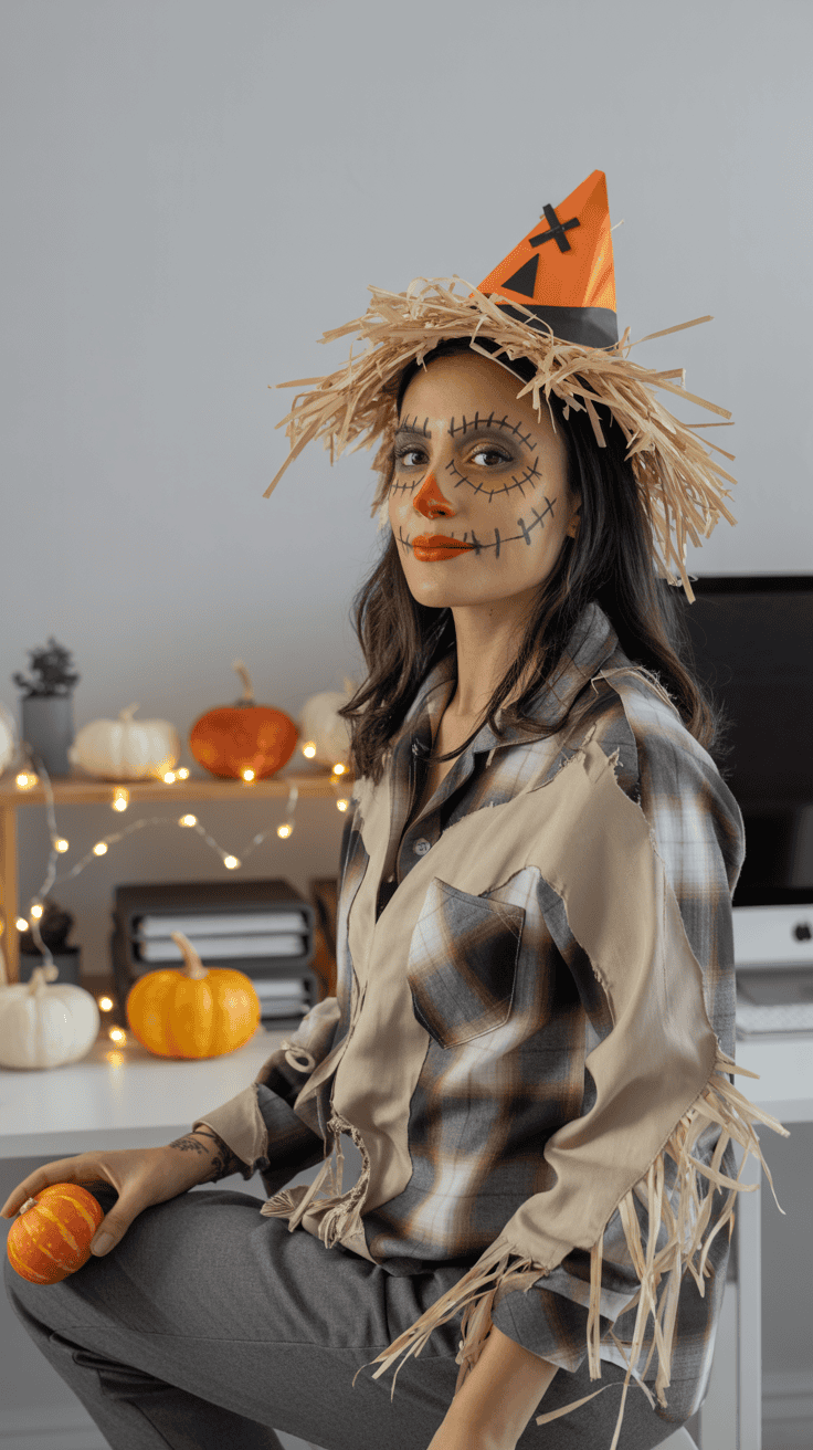 A person dressed as a scarecrow with makeup, wearing a straw hat and a plaid shirt with straw coming out of its sleeves, holds a small pumpkin. In the background, there are decorative pumpkins and fairy lights on shelves.
