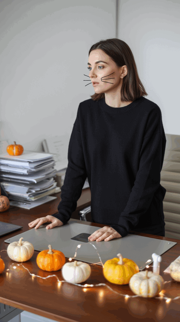 A woman with cat whisker makeup stands behind a desk decorated with small pumpkins and string lights.