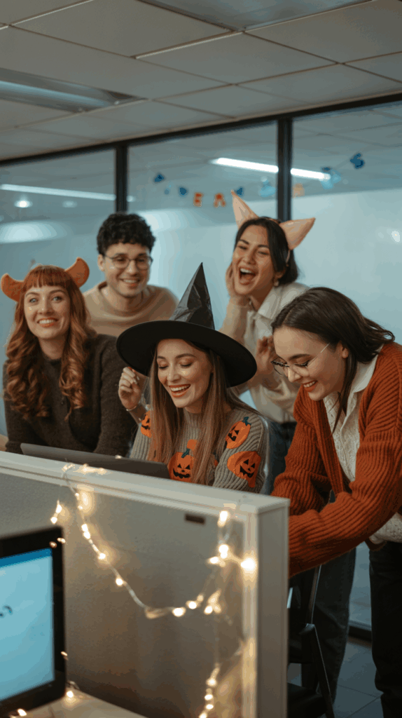 A group of five people in an office, dressed in Halloween costumes, including a witch hat and animal ears, smiling and gathered around a computer with string lights decorating the cubicle.