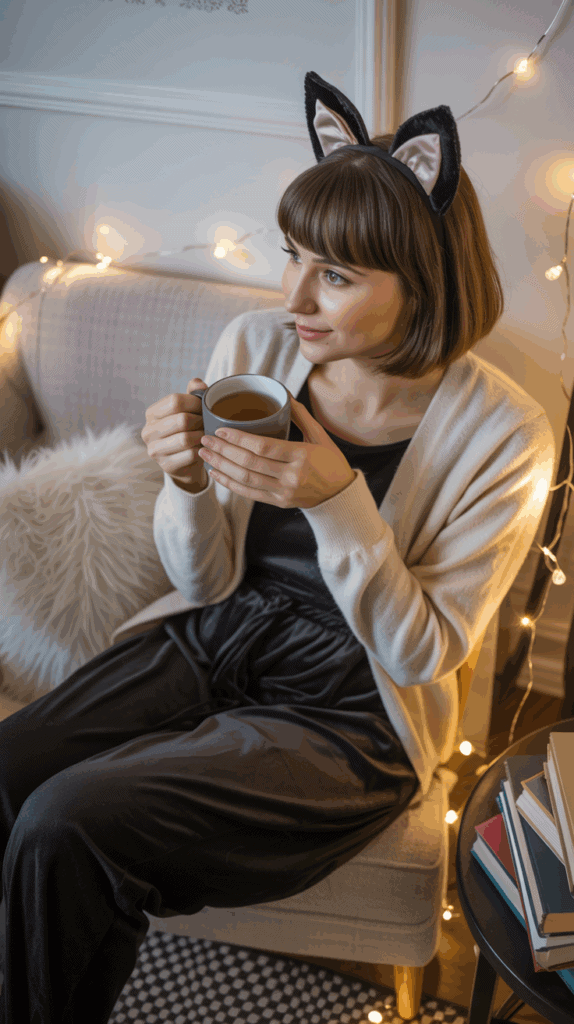 A person wearing black cat ears and a white cardigan holds a cup of tea while sitting on a chair, surrounded by fairy lights and books.