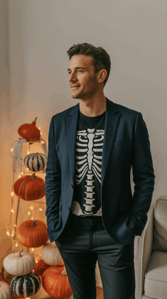 A man in a navy blazer and a black shirt with a skeleton print stands with hands in pockets, smiling and looking to the side. Behind him is a stack of assorted pumpkins with string lights.