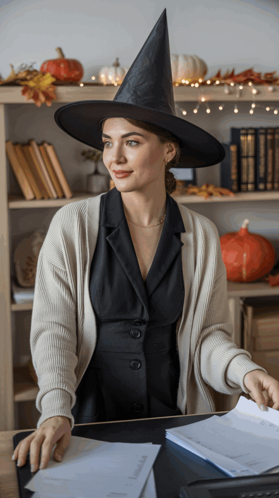 A woman wearing a black witch's hat and a white cardigan over a black dress stands in an office decorated for autumn, with pumpkins, books, and string lights on the shelves behind her.