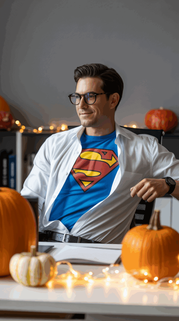A man with glasses wearing a blue Superman t-shirt under an open white shirt, sitting at a desk decorated with pumpkins and string lights, suggesting a festive Halloween setting.