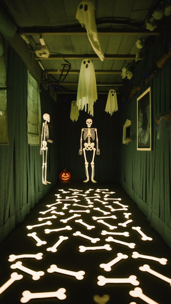 A dimly lit hallway decorated for Halloween with hanging ghost figures, two skeletons standing against the walls, a carved pumpkin glowing in the background, and an illuminated path of bone shapes on the floor.