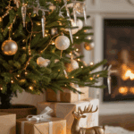 A decorated Christmas tree adorned with golden ornaments, sparkling lights, and icicle decorations stands beside wrapped gifts tied with white ribbons on a fluffy white rug. A gold reindeer figurine is placed in front of the tree, with a lit fireplace in the background.