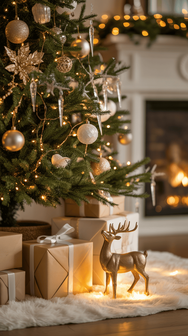 A decorated Christmas tree adorned with golden ornaments, sparkling lights, and icicle decorations stands beside wrapped gifts tied with white ribbons on a fluffy white rug. A gold reindeer figurine is placed in front of the tree, with a lit fireplace in the background.