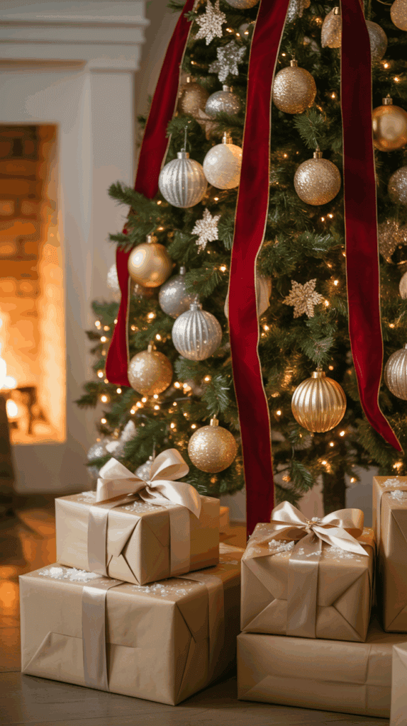 A decorated Christmas tree with gold and silver ornaments and red ribbons, surrounded by wrapped gifts tied with pink bows, in front of a fireplace.