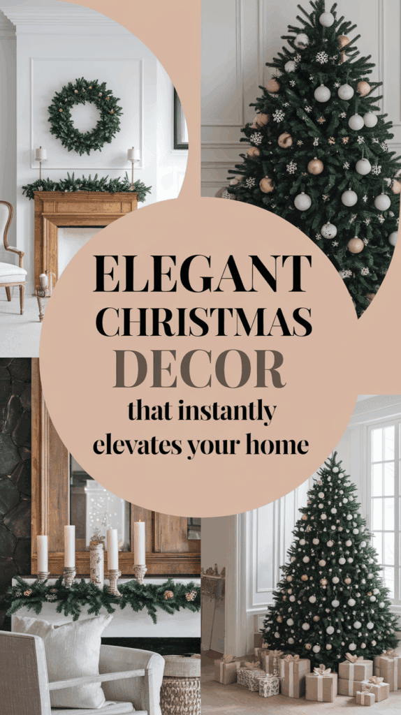 Collage of elegant Christmas decor featuring a wreath, decorated fireplace with candles, and a Christmas tree with ornaments, accompanied by text: 'Elegant Christmas Decor that instantly elevates your home.'