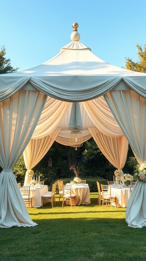 Elegant outdoor tent with draped white fabrics, housing round tables and chairs on a grassy lawn, decorated with floral arrangements and a hanging birdcage-style chandelier, set against a clear blue sky.