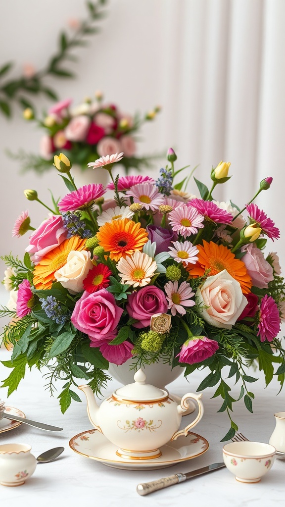 A colorful floral arrangement featuring roses, gerberas, and other flowers in a decorative teapot centerpiece on a table set for tea, with fine china and cutlery visible around it.