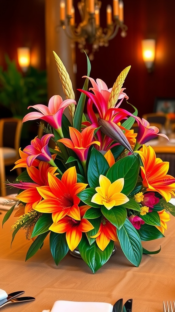 A vibrant floral arrangement featuring orange, pink, and yellow lilies, complemented by lush green leaves, set on a dining table with softly lit room ambiance.