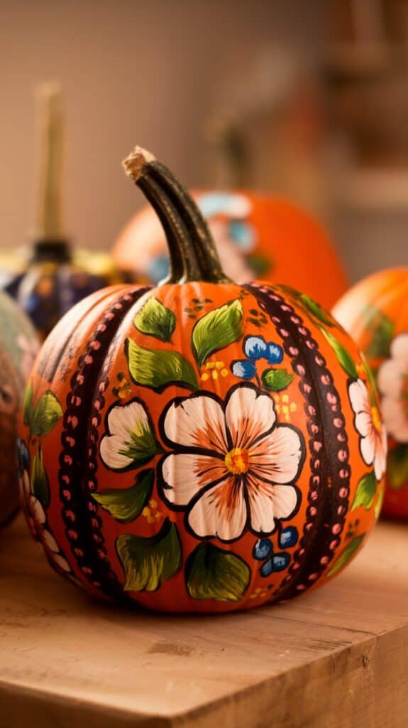 A pumpkin painted with vibrant floral designs featuring large white flowers and green leaves on an orange background.