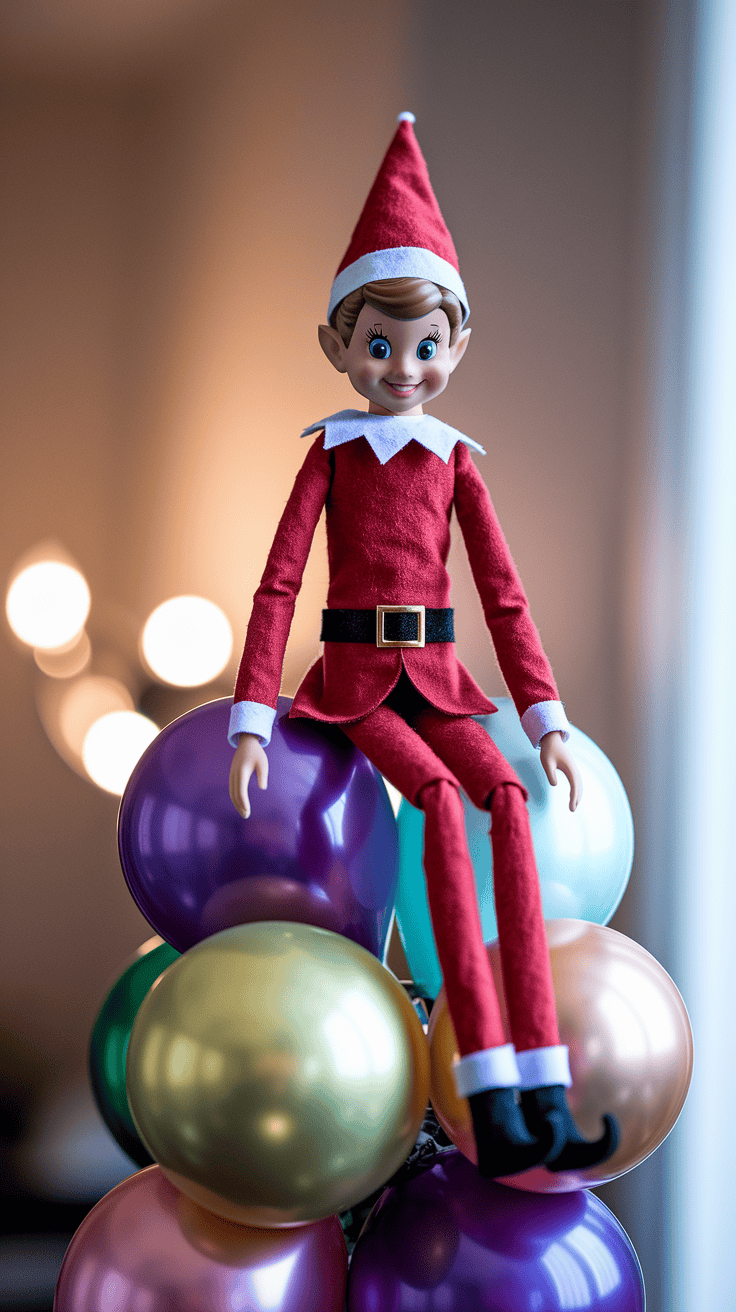 A festive elf doll in a red suit with a white collar and hat sits on top of a colorful arrangement of balloons in a cozy room.