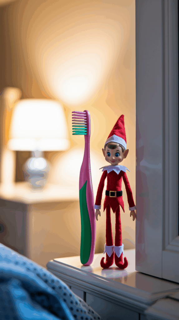 A small elf doll dressed in a red outfit and hat is standing next to a pink and green toothbrush on a bedroom nightstand, with a softly lit lamp in the background.