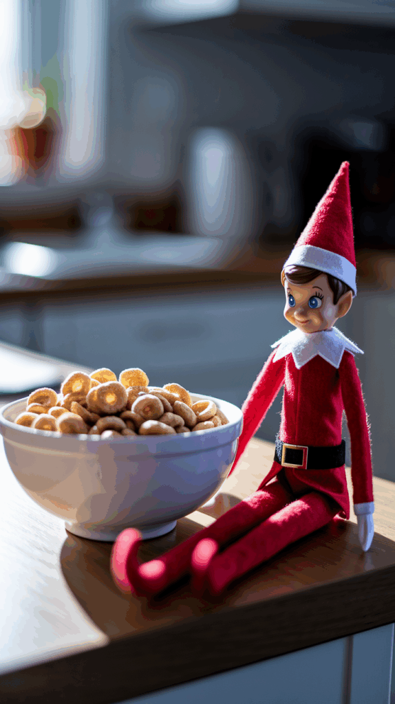A toy elf in a red outfit sits on a kitchen counter next to a bowl of cereal, with sunlight streaming through a nearby window.