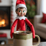 A festive elf toy in a red outfit and hat stands behind a steaming mug of hot chocolate with a fireplace in the background, creating a cozy holiday ambiance.