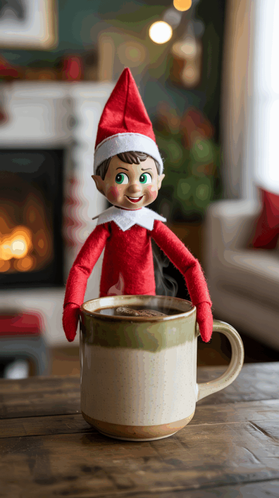 A festive elf toy in a red outfit and hat stands behind a steaming mug of hot chocolate with a fireplace in the background, creating a cozy holiday ambiance.