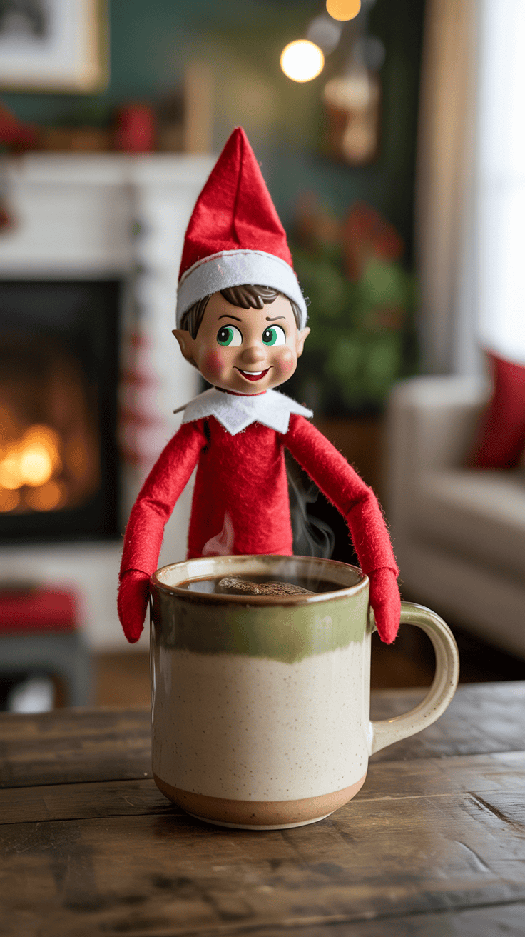 A festive elf toy in a red outfit and hat stands behind a steaming mug of hot chocolate with a fireplace in the background, creating a cozy holiday ambiance.