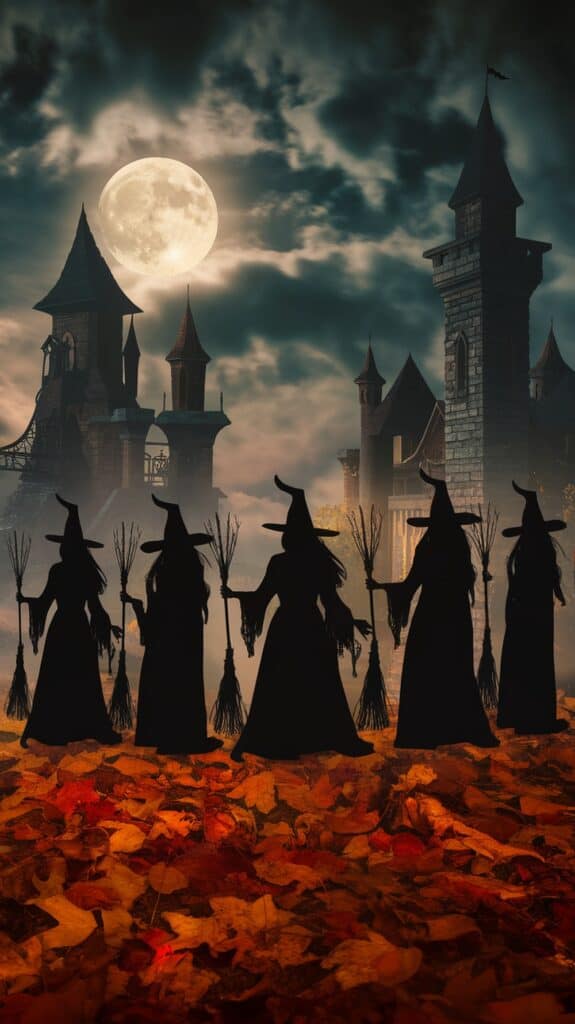Silhouetted witches holding brooms stand on fallen autumn leaves in front of a gothic castle, with a full moon and cloudy night sky in the background.