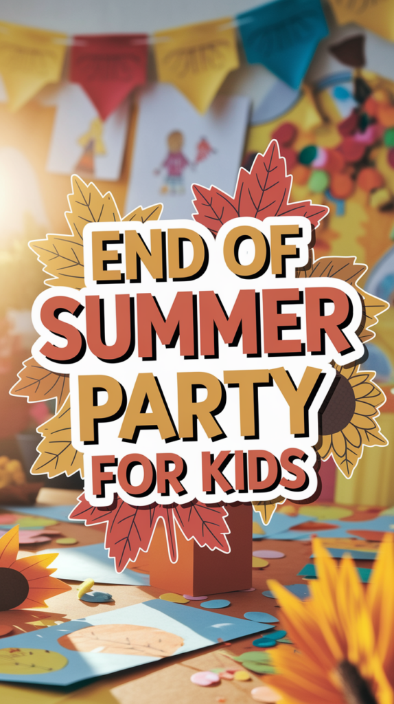 A festive sign with the text "End of Summer Party for Kids" surrounded by autumn leaves, against a backdrop of colorful decorations and crafts, suggesting a vibrant children's event scene.
