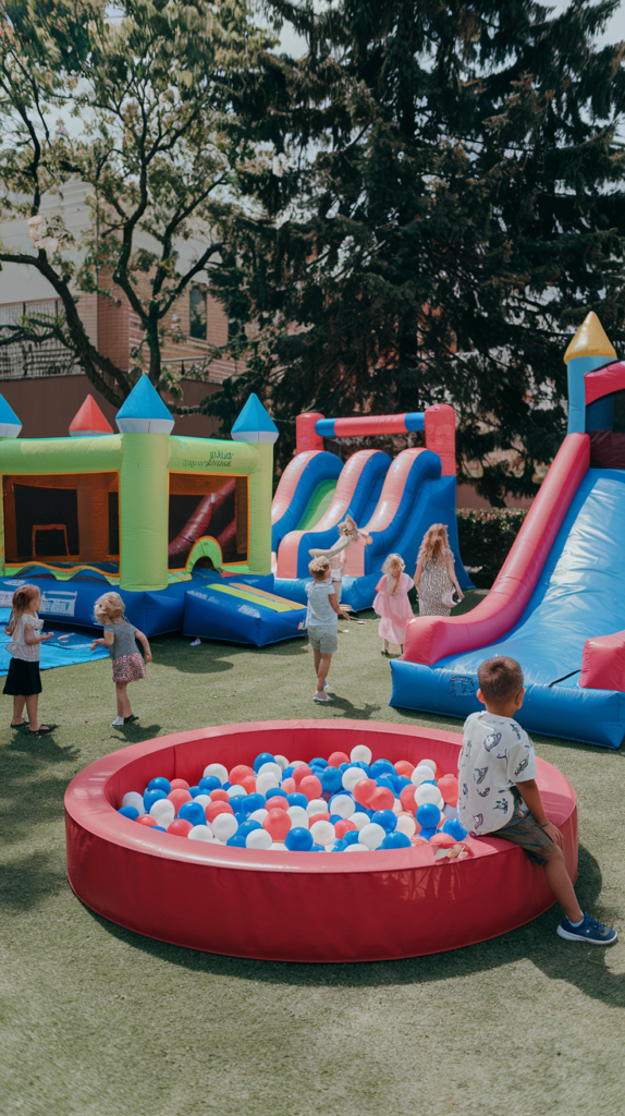 Children playing at a park with inflatable slides, a bounce house, and a ball pit filled with blue, red, and white balls.