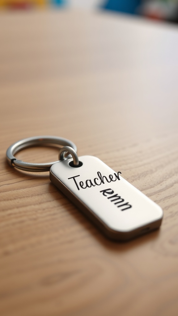 Close-up of an engraved keychain with the word 'Teacher' on a wooden table.