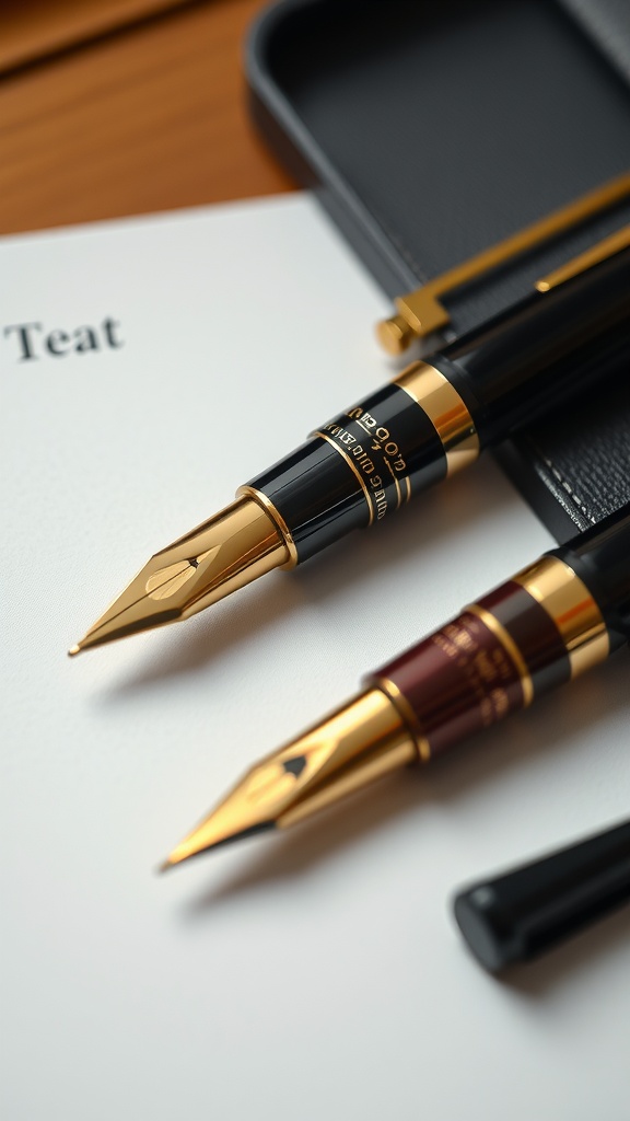 Close-up of two elegant engraved pen sets on white paper.
