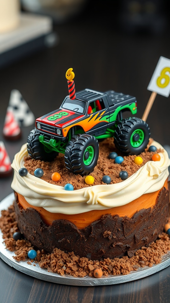 A birthday cake decorated with a toy monster truck and colorful candies, featuring a striped candle shaped like a smiley face and a number 6 on a small flag.