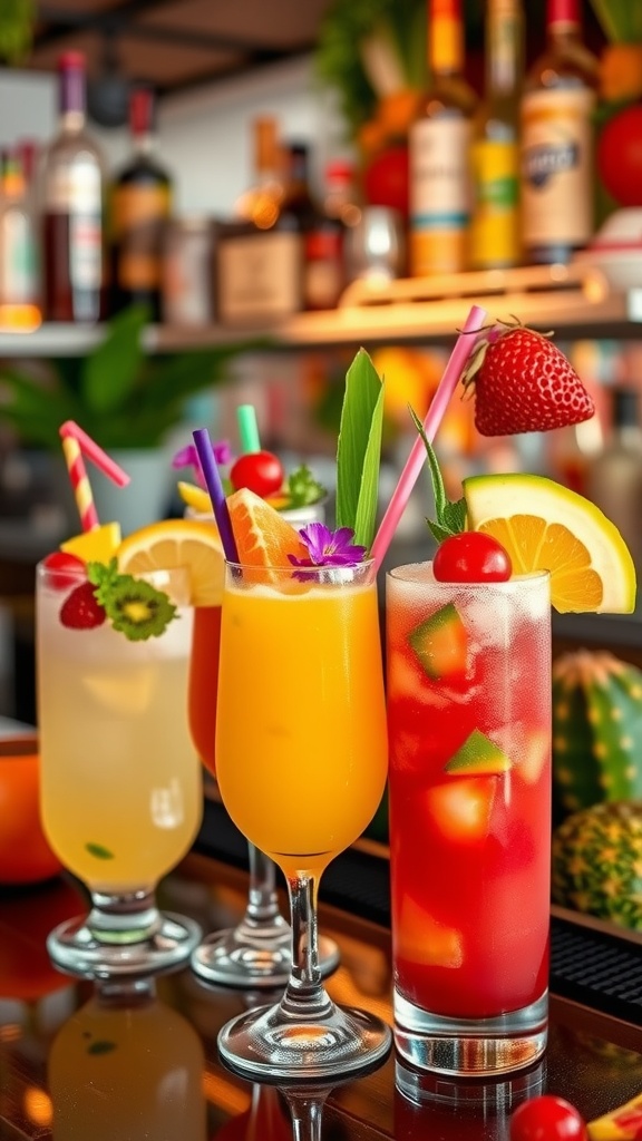 A selection of colorful cocktails on a bar counter, each garnished with fruit slices, cherries, and decorative elements, with bottles of various spirits blurred in the background.