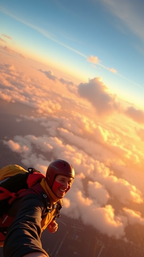 A person skydiving above the clouds during sunset.