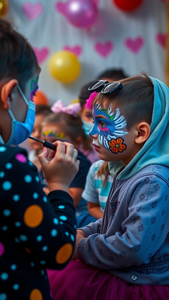 Children enjoying face painting at a birthday party.