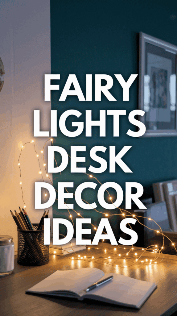 A desk decorated with fairy lights, featuring a cup of colored pencils, a candle, and an open notebook with a pen. The wall behind is dark and decorated with a framed picture, and the text 'Fairy Lights Desk Decor Ideas' overlays the image.