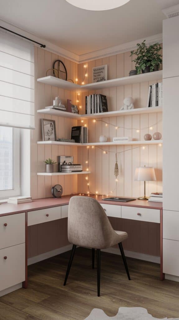 A cozy home office corner with a light brown chair in front of an L-shaped desk. The desk is decorated with books, a lamp, and fairy lights. Above the desk are several white shelves holding books, plants, and decorative items. The walls are wood-paneled and a window to the left lets in natural light.