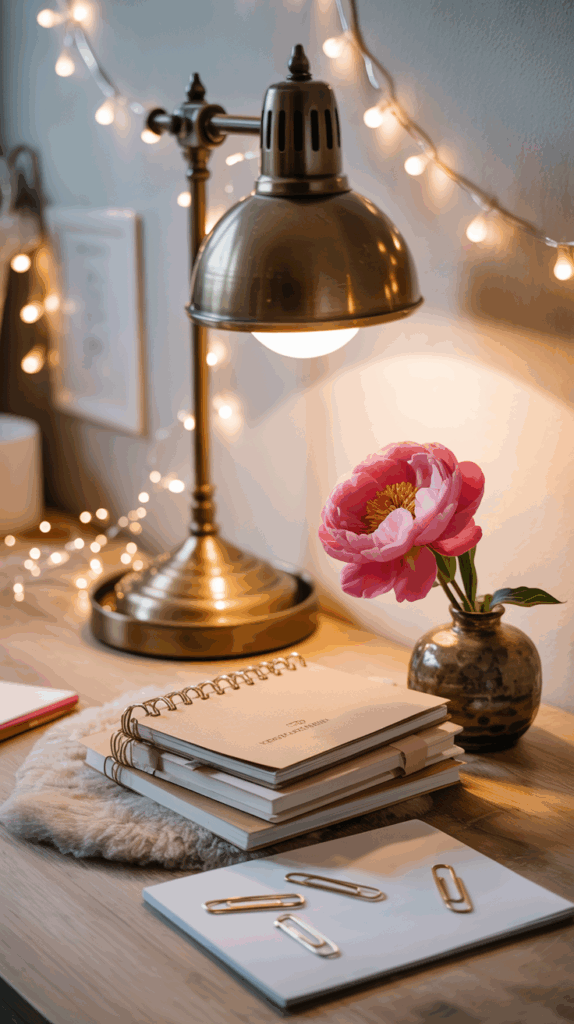 Cozy workspace with a bronze table lamp, pink flower in a vase, stack of notebooks, and paper clips on a wooden desk, adorned with string lights.