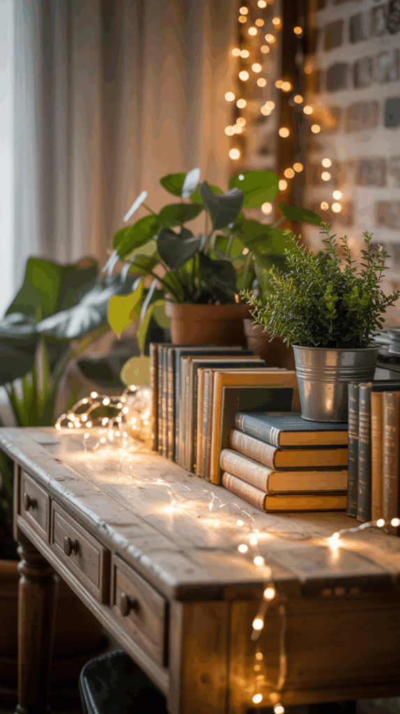 A cozy wooden table decorated with string lights, stacks of vintage books, and potted plants in a warmly lit room with a brick wall backdrop.