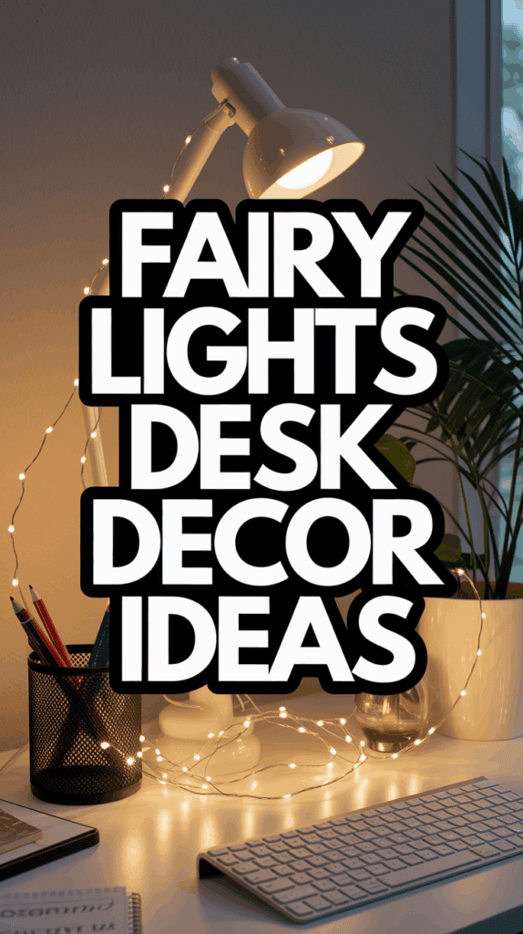 A well-lit desk setup featuring a white desk lamp with fairy lights wrapped around it. The desk also has a pencil holder with colored pencils, a keyboard, and a document in the corner. Large text overlay reads "Fairy Lights Desk Decor Ideas."
