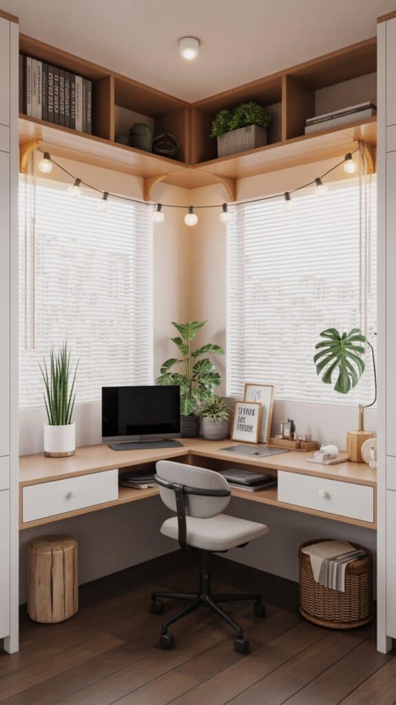 A cozy home office setup in a corner with a wooden desk, a computer monitor, plants, and framed art. The space is decorated with string lights and has upper shelves holding books and a potted plant. A cushioned rolling chair and a wicker basket are also present.