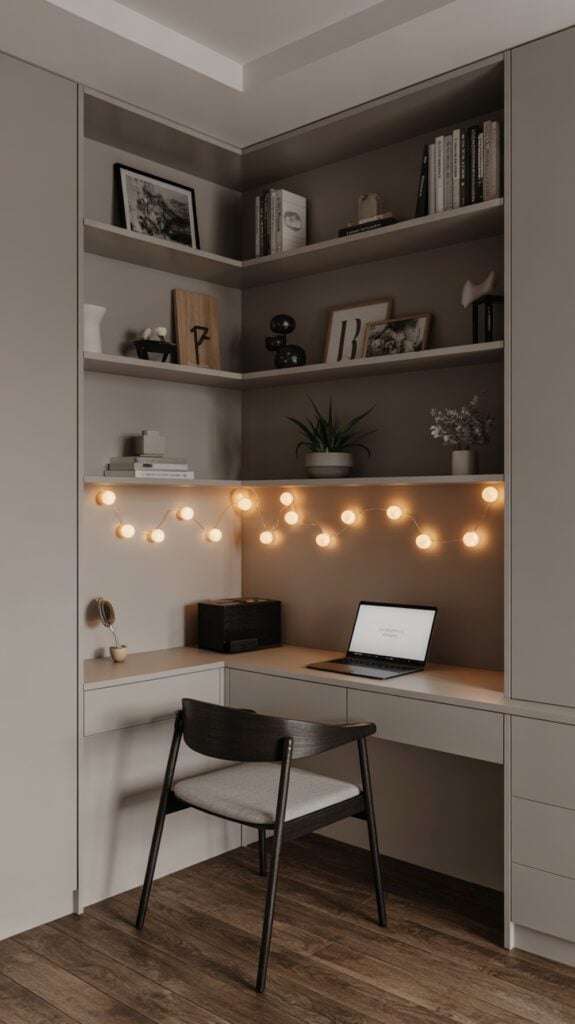 A cozy home office nook with built-in shelves, featuring books, decorative items, string lights, a laptop on a desk, and a modern chair on a wooden floor.