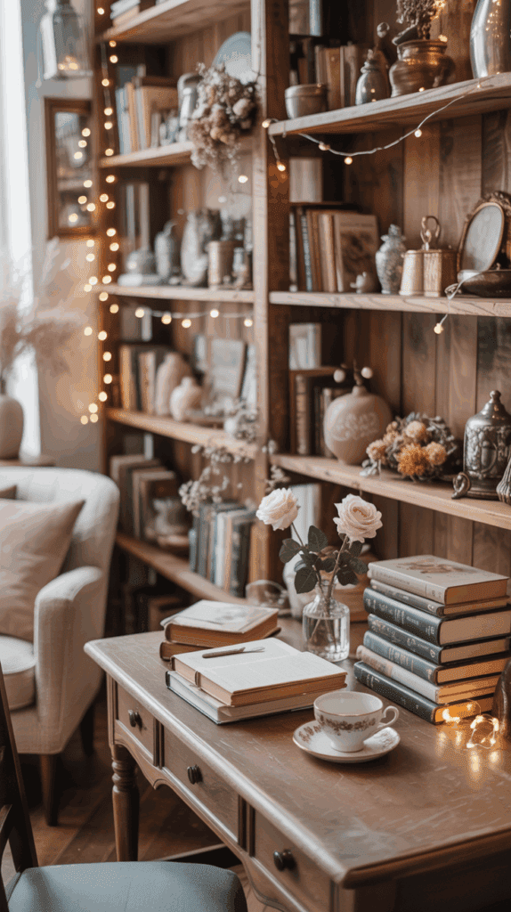 A cozy corner with a wooden desk piled with books, an open book, and a teacup. The background features a wooden bookshelf filled with books, antique decorations, and soft string lights for a warm ambiance.