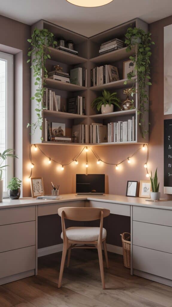 A cozy home office corner featuring a wooden desk with a laptop, strung with warm fairy lights. Above the desk are shelves filled with books and decorative plants. A wooden chair and potted plants add to the inviting atmosphere.