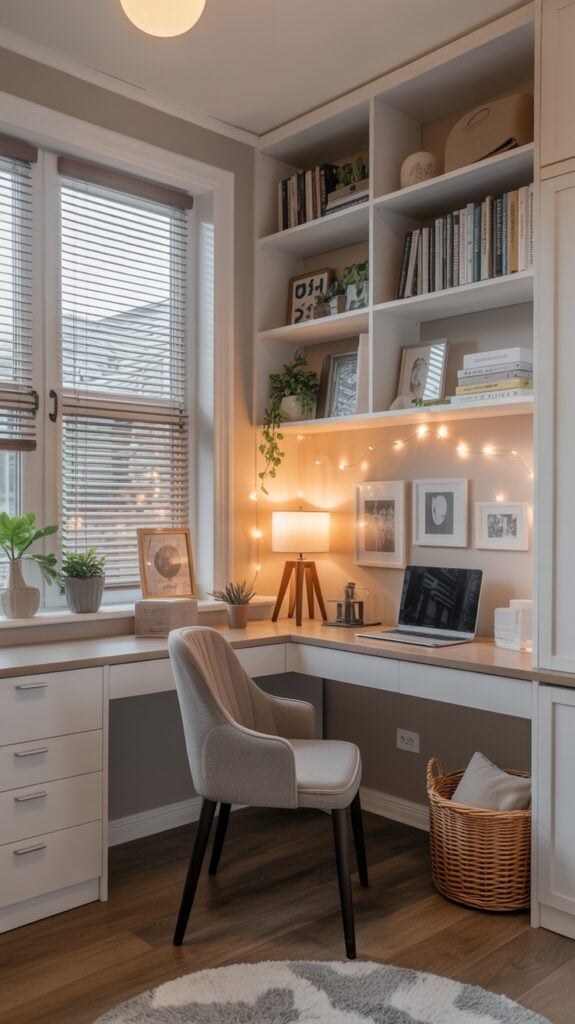 A cozy home office with a built-in desk and shelves, featuring a laptop, a lamp, and string lights. The corner desk is surrounded by books, small plants, and framed art. A beige upholstered chair sits in front of the desk, and a woven basket is placed on the floor next to a soft, patterned rug.