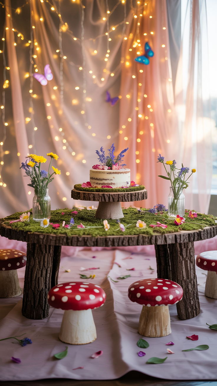 A whimsical fairy-tale setting featuring a cake on a wooden cake stand adorned with purple and pink flowers, placed on a table covered with moss and surrounded by red and white spotted mushroom stools. The background is decorated with sheer pink fabric, twinkling fairy lights, and colorful butterfly decorations.