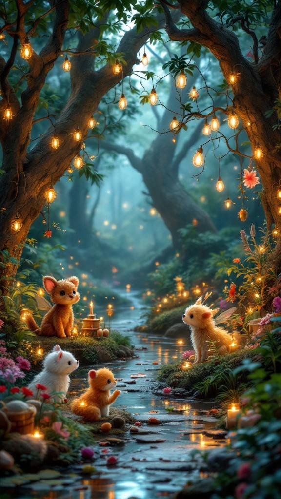 A whimsical forest scene with cute animals, soft lighting, and colorful flowers, perfect for a birthday party theme.